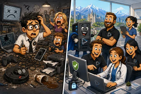 Split image showing stressed technician with broken devices on left and happy team with secure computer setup on right.