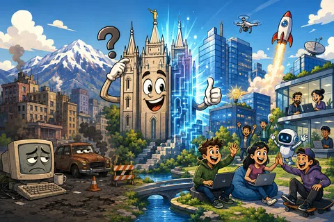 Contrast of old and new technology with happy people, robot, rocket, drone, and digital cityscape next to rundown area.