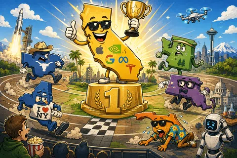 California character wins race surrounded by other state mascots with tech logos in a vibrant cityscape.
