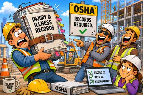 Construction workers discuss OSHA injury and illness recordkeeping requirements on a busy worksite with safety gear and signage.