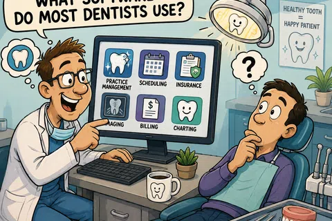 Dentist explaining software icons for practice management, scheduling, insurance, imaging, billing, and charting to patient.