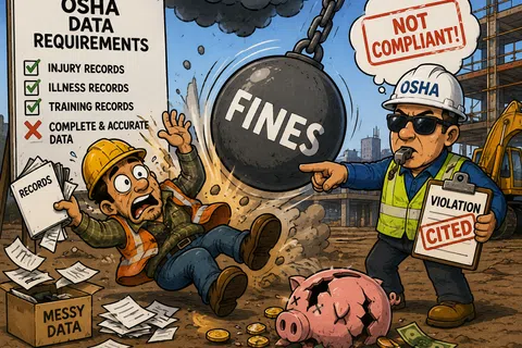Construction worker struggles with messy OSHA data as a wrecking ball labeled Fines threatens costly violation citation.