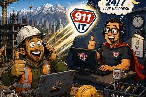 IT support helping a construction worker with 24/7 live helpdesk assistance, fixing problems remotely.