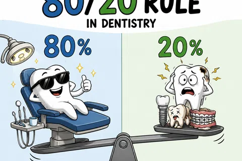 Illustration of the 80/20 rule in dentistry showing healthy tooth with 80% and problematic teeth with 20% on a balance scale.
