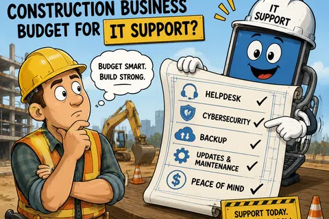 Cartoon construction worker and robot discussing IT support budget for helpdesk, cybersecurity, backup, and maintenance.
