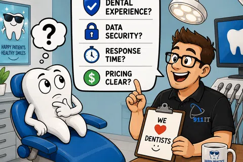 Cartoon tooth patient questions dental experience, data security, response time, pricing in dentist office with friendly technician.
