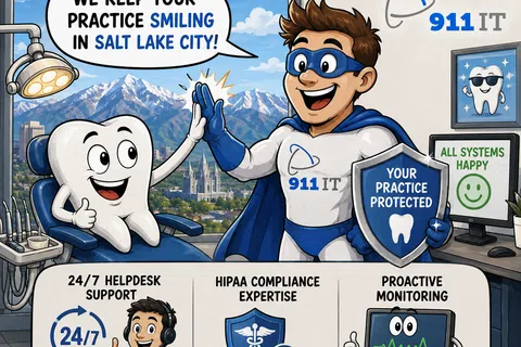 Cartoon superhero from 911 IT gives high-five to smiling tooth in dental office with Salt Lake City mountains visible.