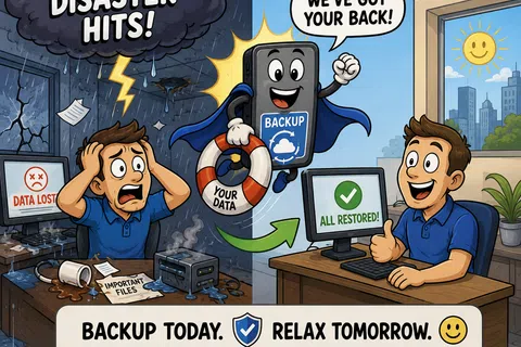 Split scene showing data loss disaster with stressed man and happy man after backup restores files safely.