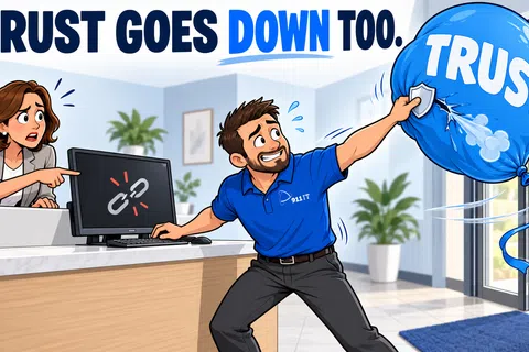 Man struggling to hold an exploding trust balloon while a worried woman points at a broken chain on a computer screen.