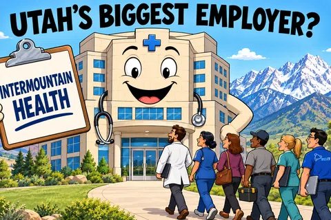Cartoon hospital building with smiling face and stethoscope holds Intermountain Health sign as people walk in.