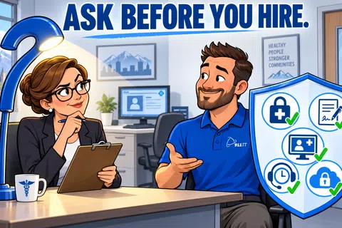 Man in blue shirt explains vetted hiring checklist to woman with clipboard in office under ask before you hire text.