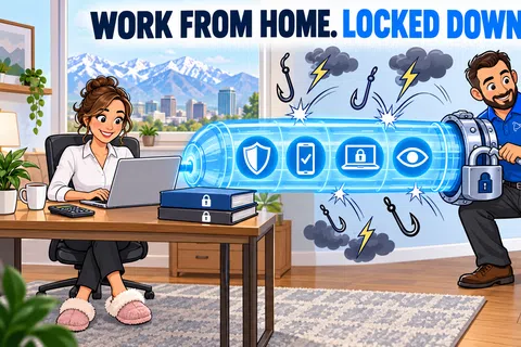 Woman working on laptop at home with digital security shield blocking cyber threats and technician securing network.