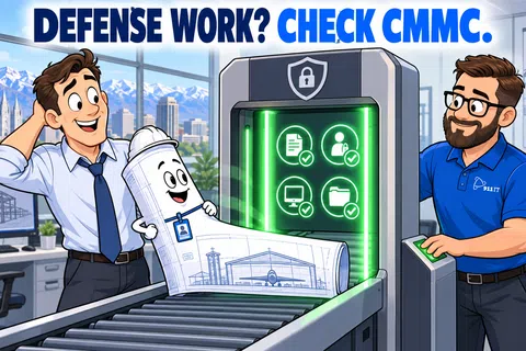 Two men with blueprint and security scanner showcasing CMMC compliance icons in office with city and mountains view.