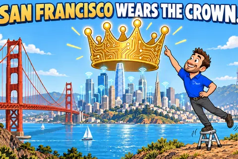 Illustration of San Francisco skyline with Golden Gate Bridge and a man pointing at a glowing crown over the city.