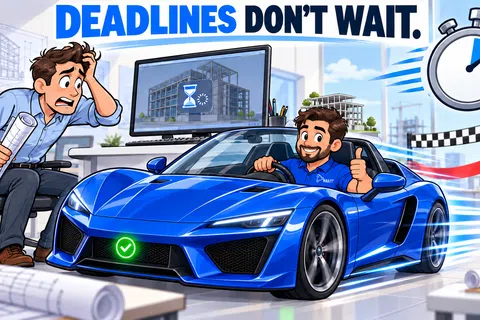 Cartoon man stressed about slow project on computer while another man speeds away in blue sports car under deadline message.