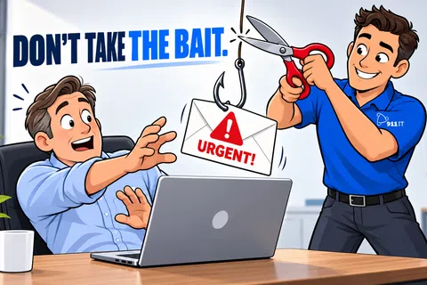 Man cuts phishing email hook labeled urgent to protect surprised man at laptop in office, don't take the bait message.