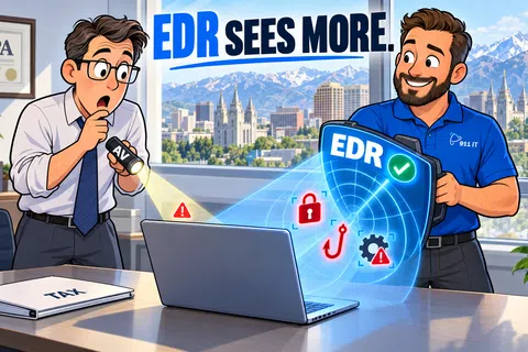 Two men in an office using EDR technology to detect cybersecurity threats on a laptop with a cityscape background.