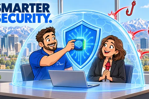 Two professionals protected by a digital shield dome representing smarter security and cyber threat prevention.