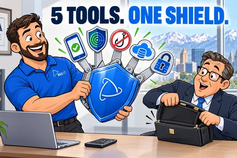 IT professional presents shield with five security icons to happy businessman in office with mountain city view.