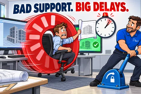 Cartoon shows bad support causing project delays with stressed man trapped in loading icon and another man pulling a lock lever.
