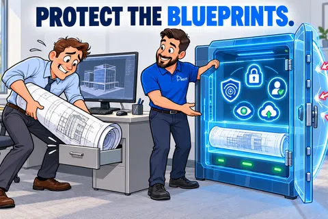 Two men secure architectural blueprints in a digital safe with cybersecurity icons and virus threats outside.