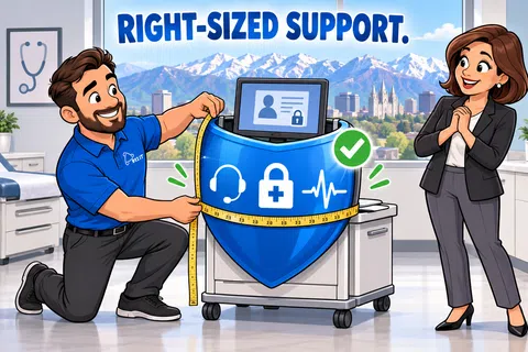 Man measuring a shield with tech icons with a tape measure while woman looks on in a modern office.