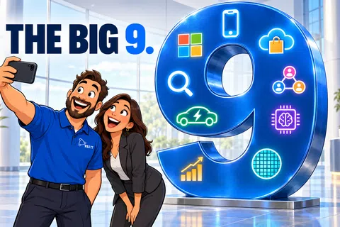 Man and woman taking selfie by large blue number 9 with tech icons in modern bright office lobby.