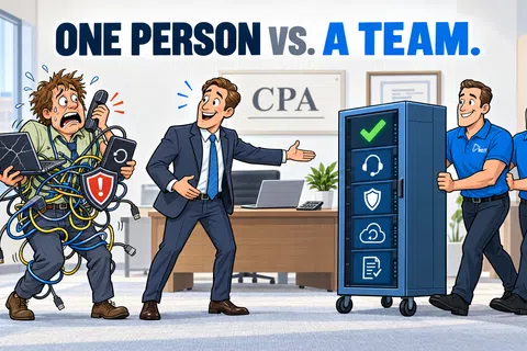 Illustration showing one stressed person tangled in wires contrasted with a calm team rolling organized equipment in an office.