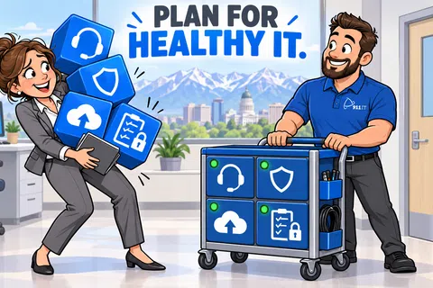 Cartoon man and woman managing IT icons like cloud, security, and support with text Plan for Healthy IT.