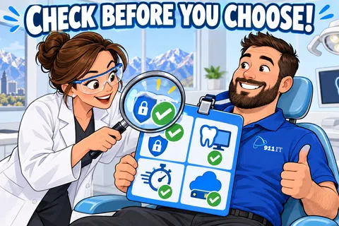 Dentist and patient reviewing dental service checklist with icons and approvals in a modern clinic setting.