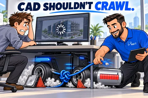 Frustrated man with slow CAD loading while technician fixes knotted network cable under desk in office.