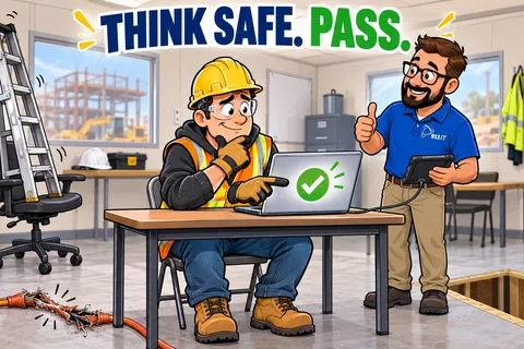 Two construction workers review safety training in an office with hazards like a falling chair and exposed wires nearby.