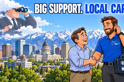 Two men shaking hands in front of a city skyline with mountains and text Big Support Local Care.