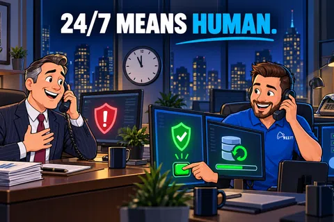 Two men talking on office phones with cybersecurity icons and 24/7 means human slogan in background at night.