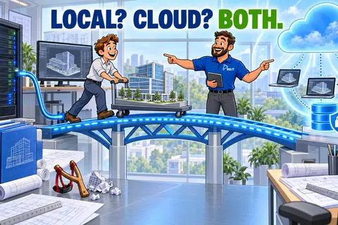 Engineers managing building models locally and in the cloud, highlighting hybrid data storage solutions in an office setting.