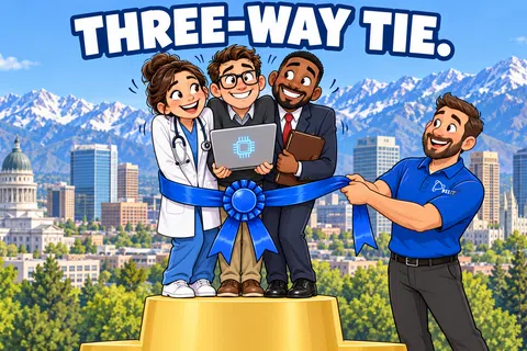 Three professionals tied together with a blue ribbon on a podium, symbolizing teamwork and collaboration against a city and mountain backdrop.