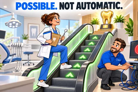 Dental professional climbs escalator toward a glowing tooth trophy while a technician works on computer cables.