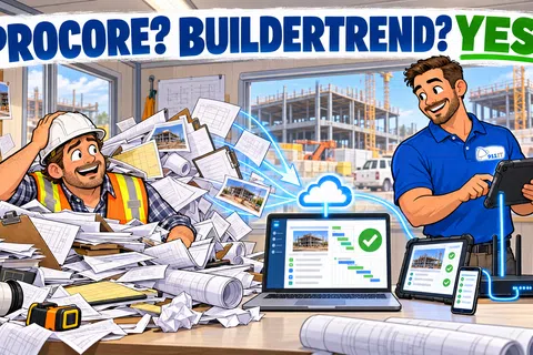 Construction worker overwhelmed with paperwork contrasts with another using digital Procore and Buildertrend tools on devices.