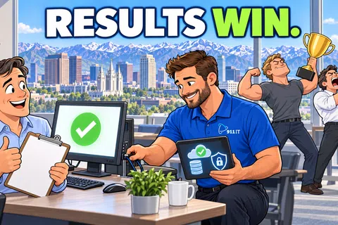 Two office workers celebrate IT success with checkmark screens, trophy, and megaphone in a bright city office with mountains.