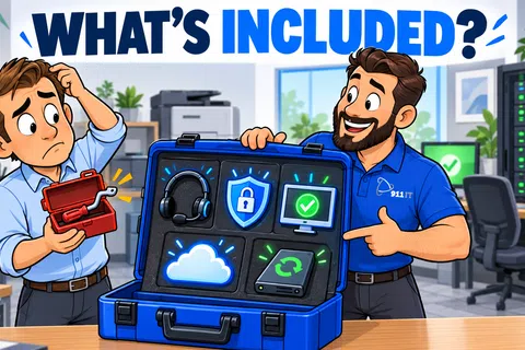 Two men in office showing a briefcase with icons representing IT services included in a package.