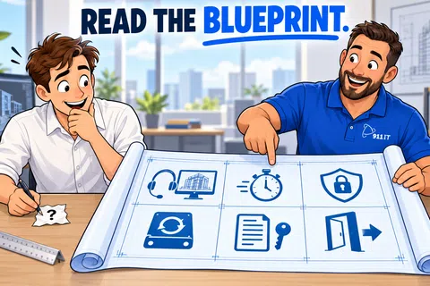 Two men reviewing a blueprint with technology and security icons, emphasizing reading the blueprint concept.