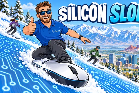 Cartoon man snowboarding on a digital mouse slope with city and snowy mountains in the background and Silicon Slopes text.