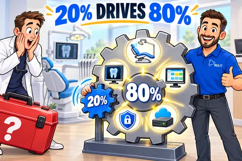 Cartoon illustrating 20% effort drives 80% results with gears, dental office background, and two excited men.