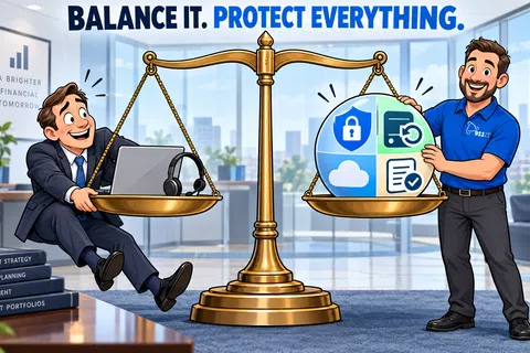 Businessman and technician balance laptop and security icons on golden scale in modern office lobby.