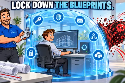 Man securing digital blueprints inside a protective dome with security icons and a wrecking ball outside.
