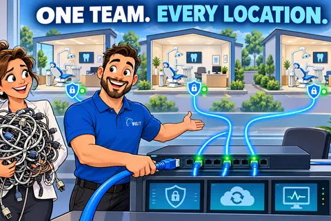 Tech support team connecting multiple dental office locations with secure network and cloud services.