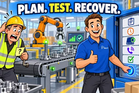 Factory workers in safety gear use automated machinery with control panel, highlighting plan, test, recover process.