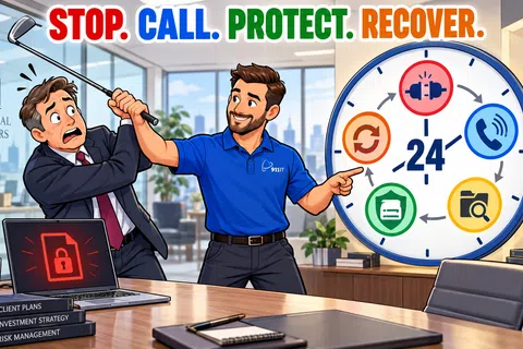 Man in blue shirt helping financial advisor avoid cyberattack with stop call protect recover procedure 24/7 support.