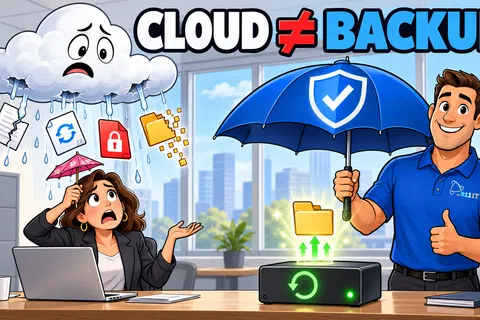 Illustration contrasting cloud storage risks with secure backup using umbrella and external drive in office setting.