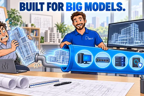 Illustration of two men with architectural models and IT hardware pipe, emphasizing building large digital models.